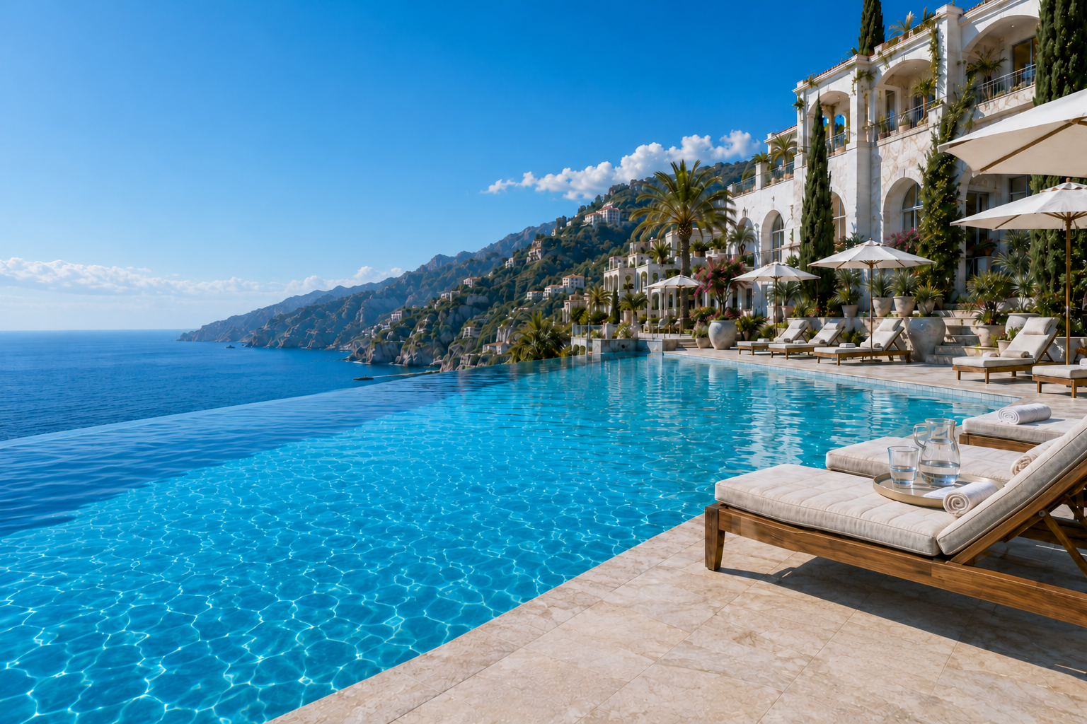 Calm commercial resort pool at the waterline with clear controlled water.