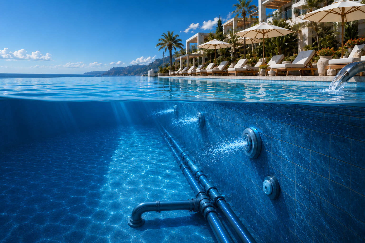 Underwater pool circulation returns and pipework beneath a clear commercial pool.